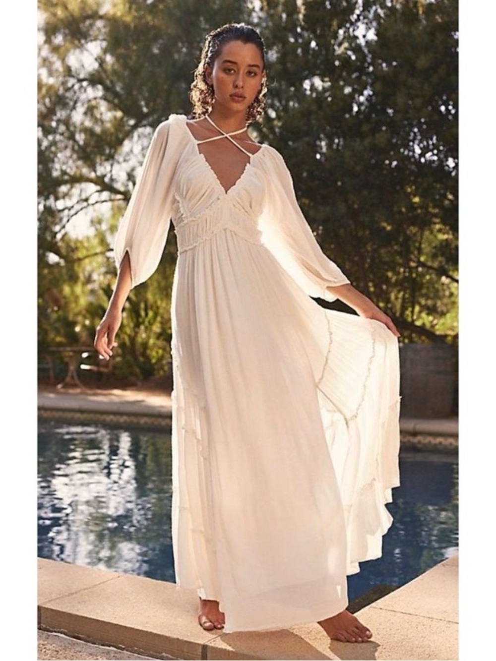 Free People White Maxi Dress with Flowing Sleeves